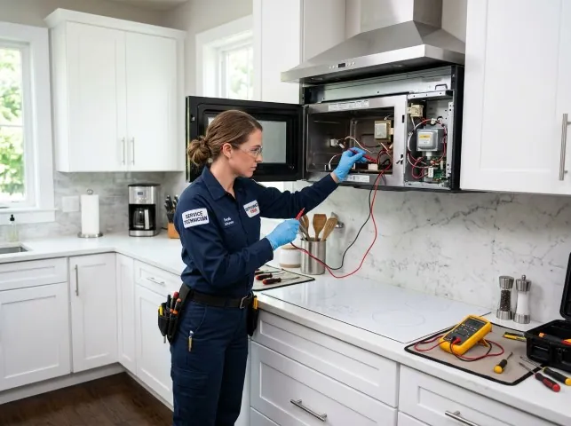 Appliance Repair Hero technician testing an over-the-range microwave in a Belle Plaine, KS kitchen